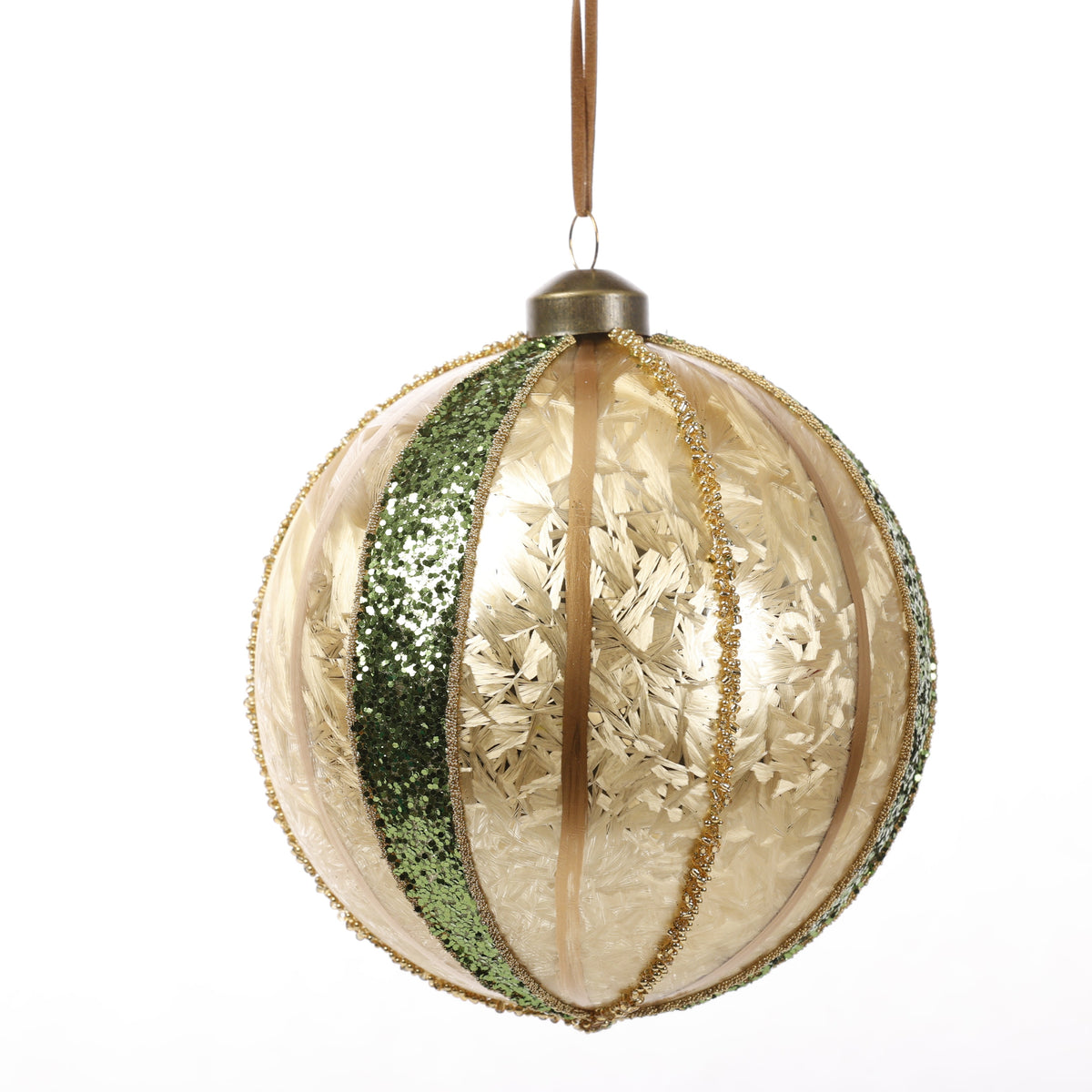 4.5" GREEN/GOLD STRIPE GLASS BALL ORN STYLE B