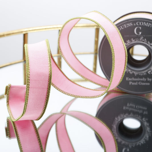 1" SOLID PINK DUPION WITH GRASS GREEN EDGE WITH PINK DUPION BACK RIBBON 5YD
