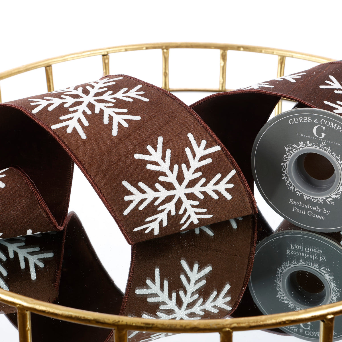4" WHITE GLITTER SNOWFLAKE ON BROWN DUPION AND BROWN DUPION BACK RIBBON