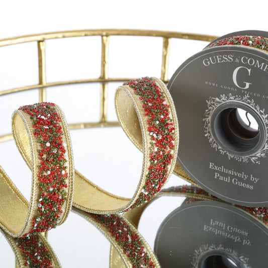 1"X 5 YD TRIM ON LIGHT GOLD LAME WITH SAME BACK RIBBON
