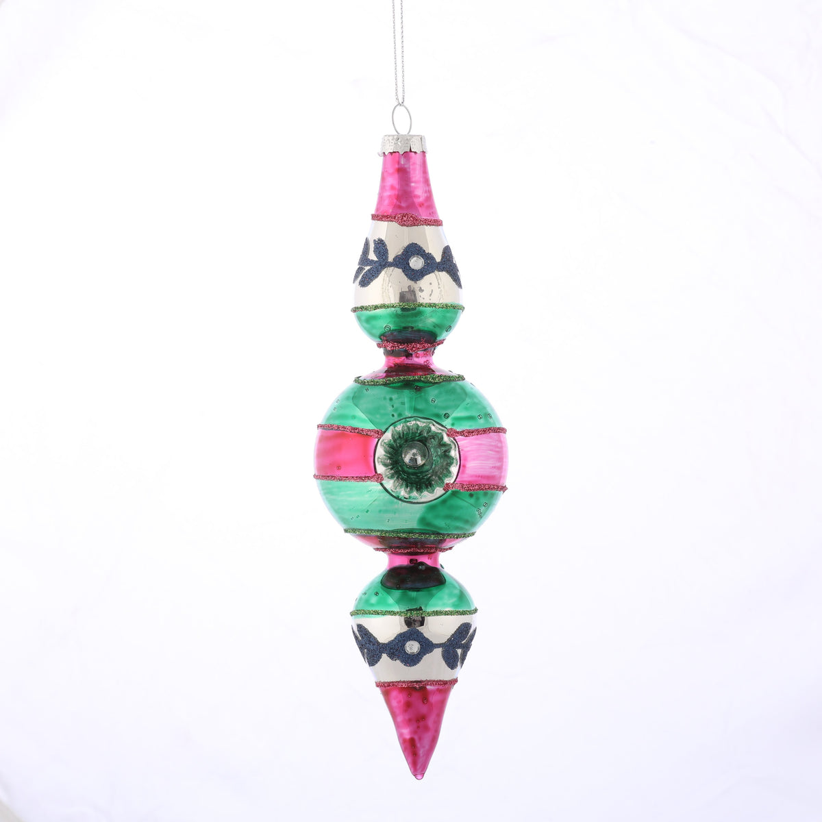 2.35" x 7" GLASS FINIAL ORNAMENT GREEN CENTER
