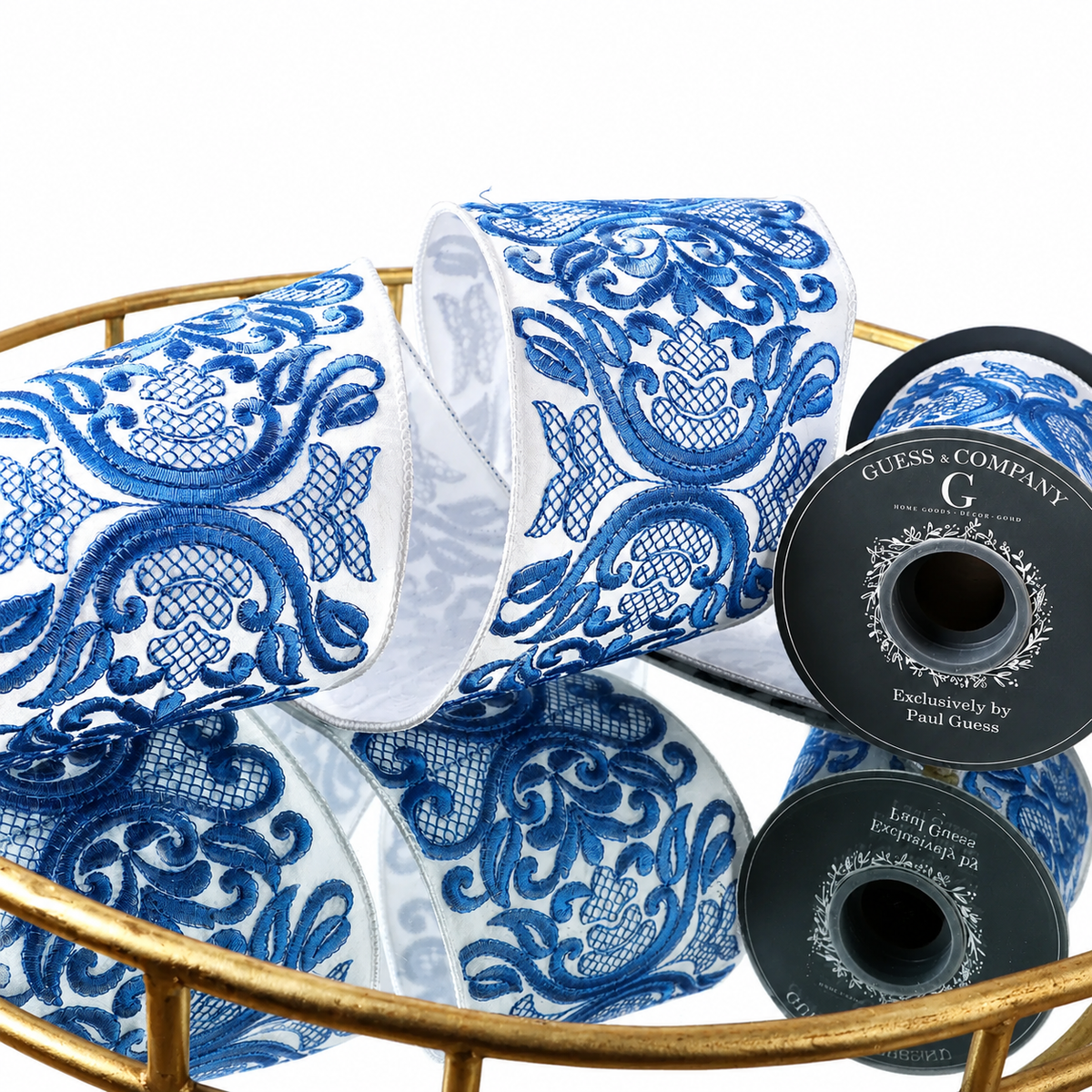 4" WHITE WITH BLUE SCROLL EMBROIDEREY DESIGN RIBBON 5YD