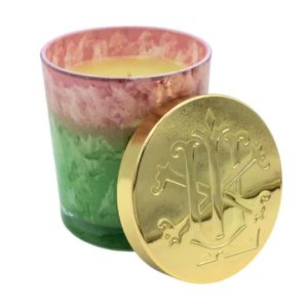 Green Apple 10 oz Lidded Candle in Pink/Green Glass