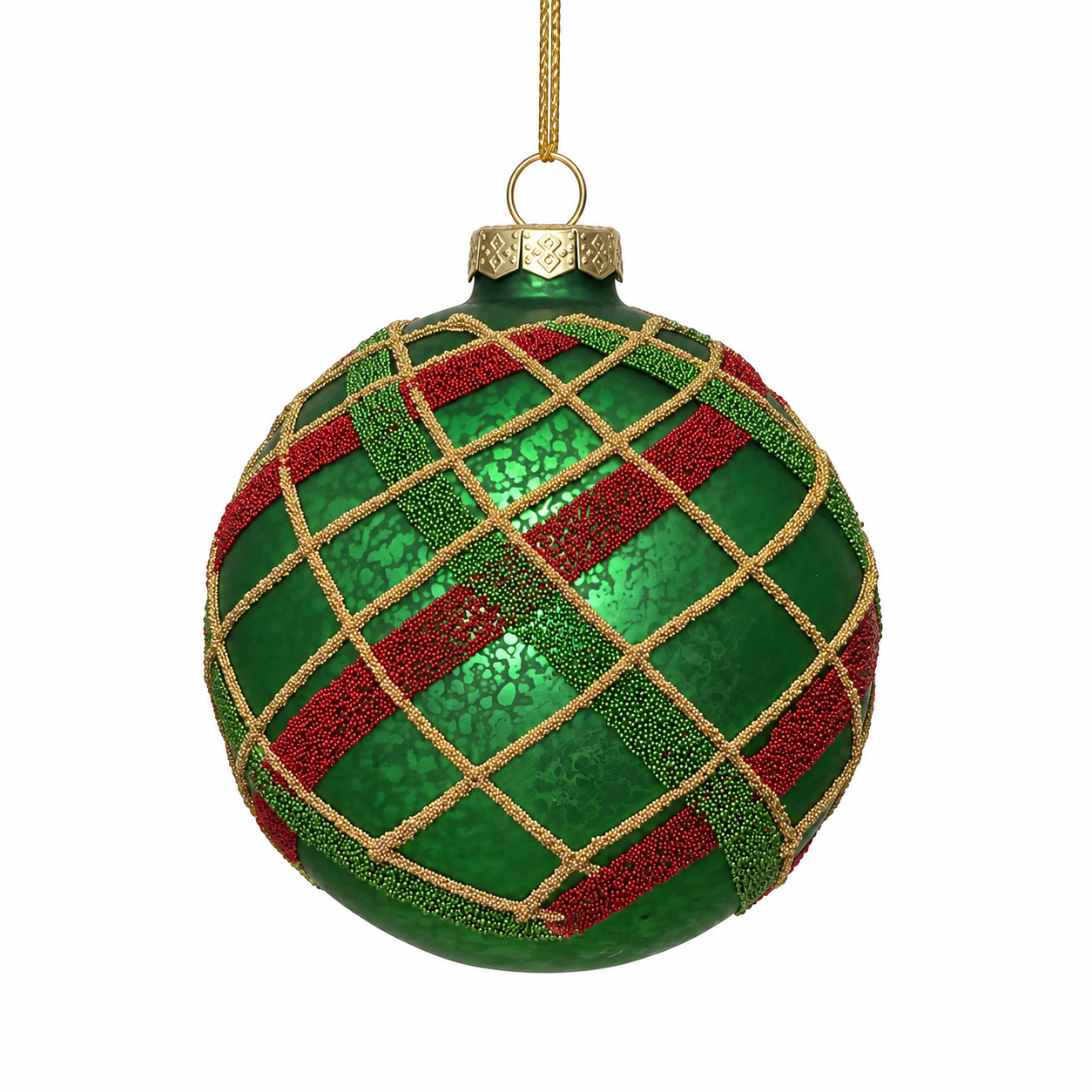 4" Diameter Green Glass Ball Ornament with Plaid Bead