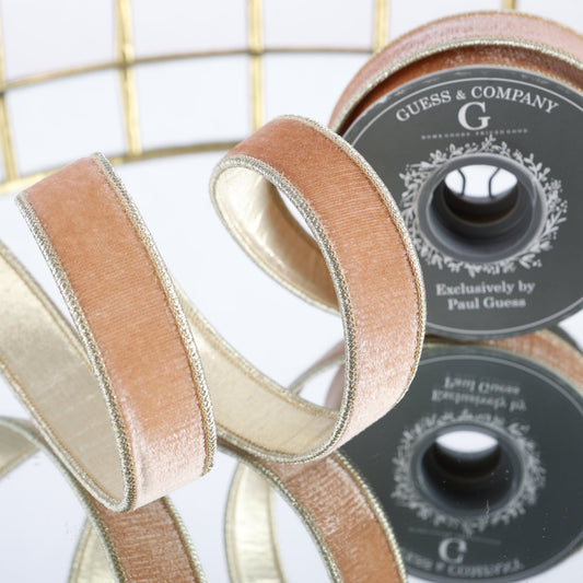 1" X 5 YDS PEACH PLUSH VELVET WITH LT GOLD BACK RIBBON