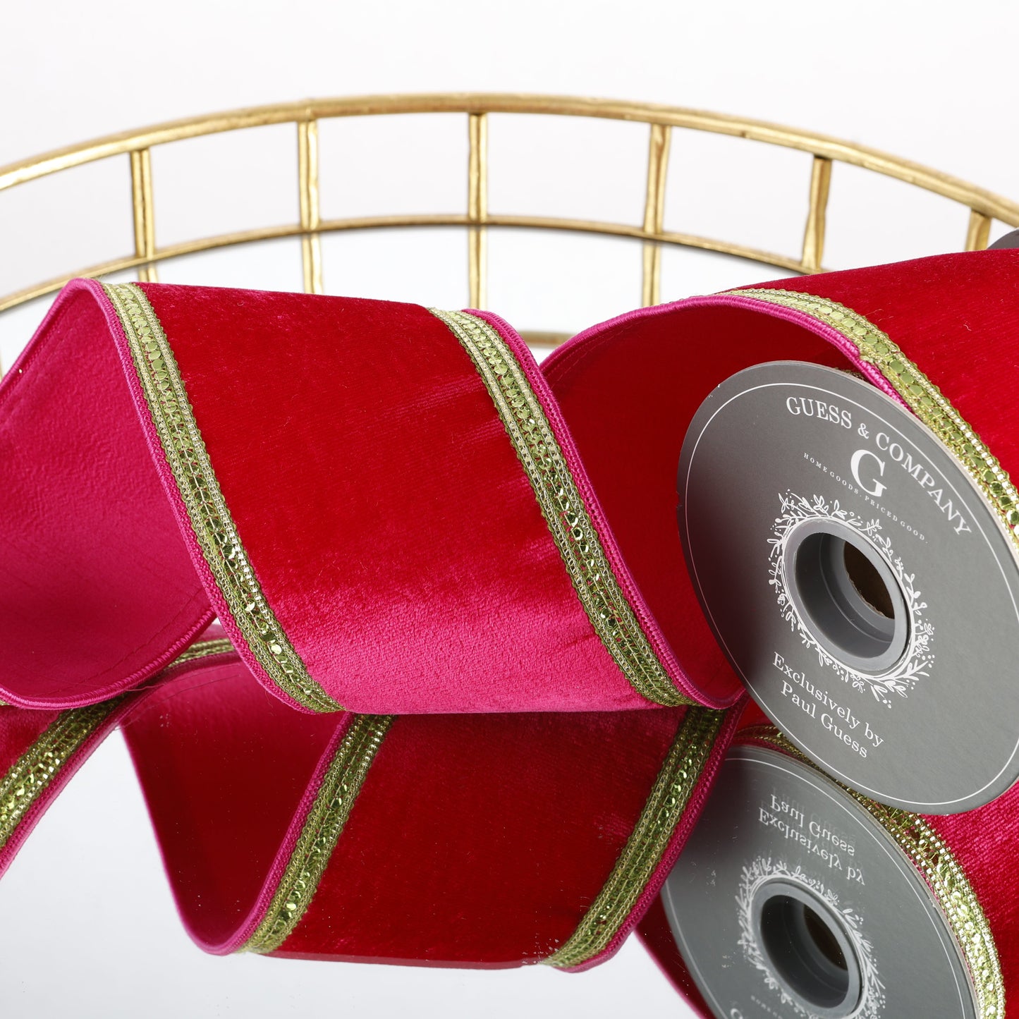 4" X 5 YD GOLD TRIM ON FUCHSIA PINK VELVET WITH SAME DUPION BACK RIBBON