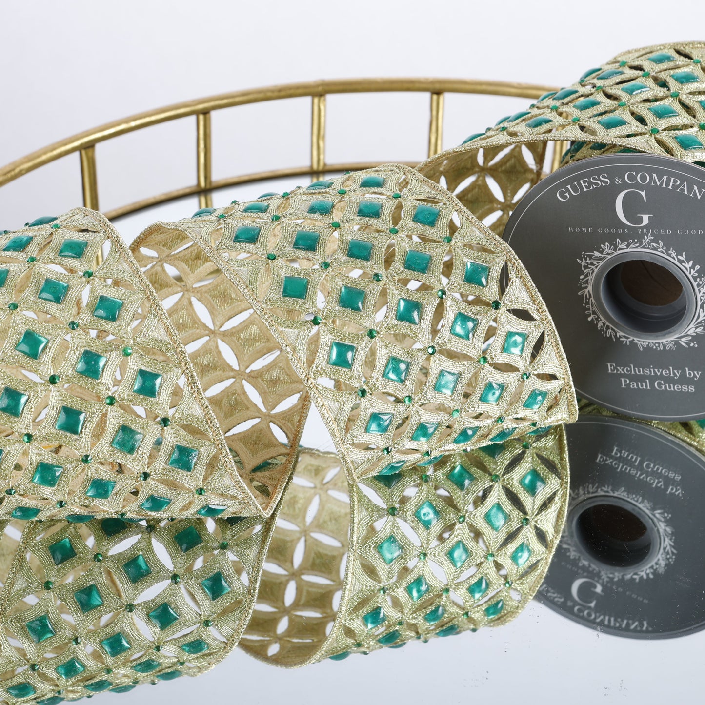 4"X 5 YD CUTWORK EMERALD GREEN/GOLD TRIM RIBBON