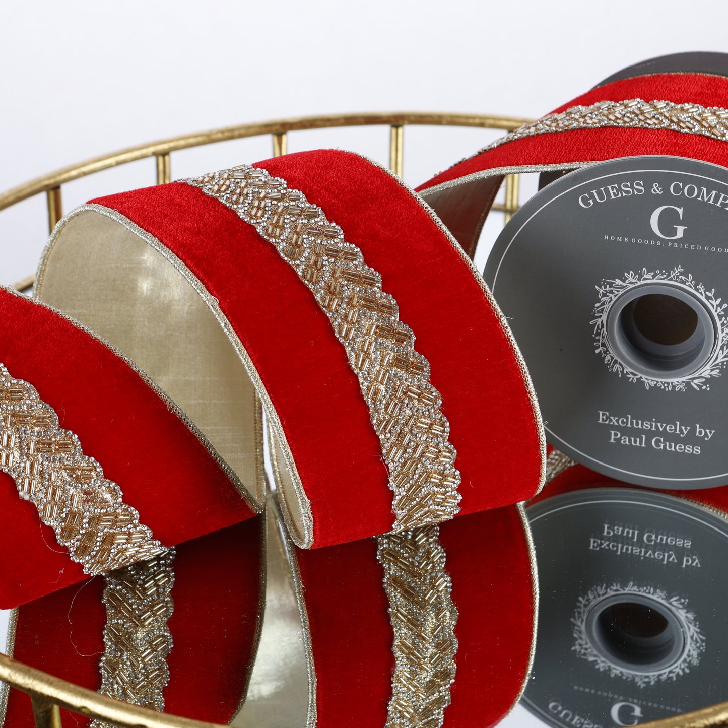 4" X 5 YDS GOLD TRIM ON RED VELVET WITH LIGHT GOLD METALLIC DUPION BACK & GOLD EDGE RIBBON