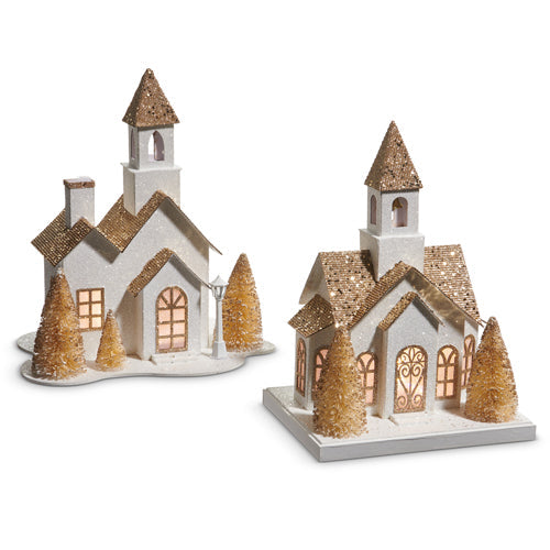 11" White and Gold Lighted Paper House - 2 TREES ONLY