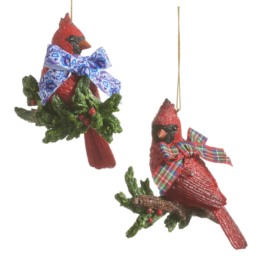 4" Cardinal with Holly and Bow Ornament (BLUE BOW ONLY)