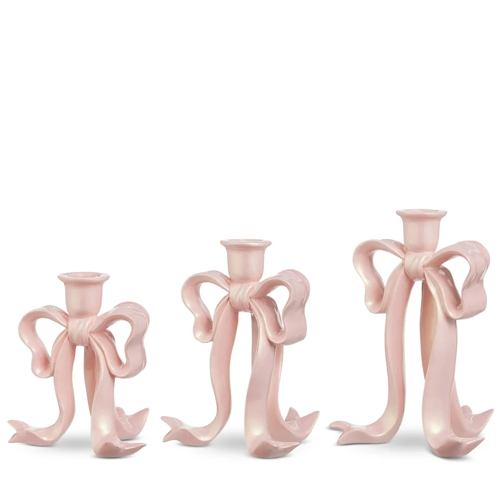 9" Pink Pearlescent Bow Candlesticks (LARGE ONLY)