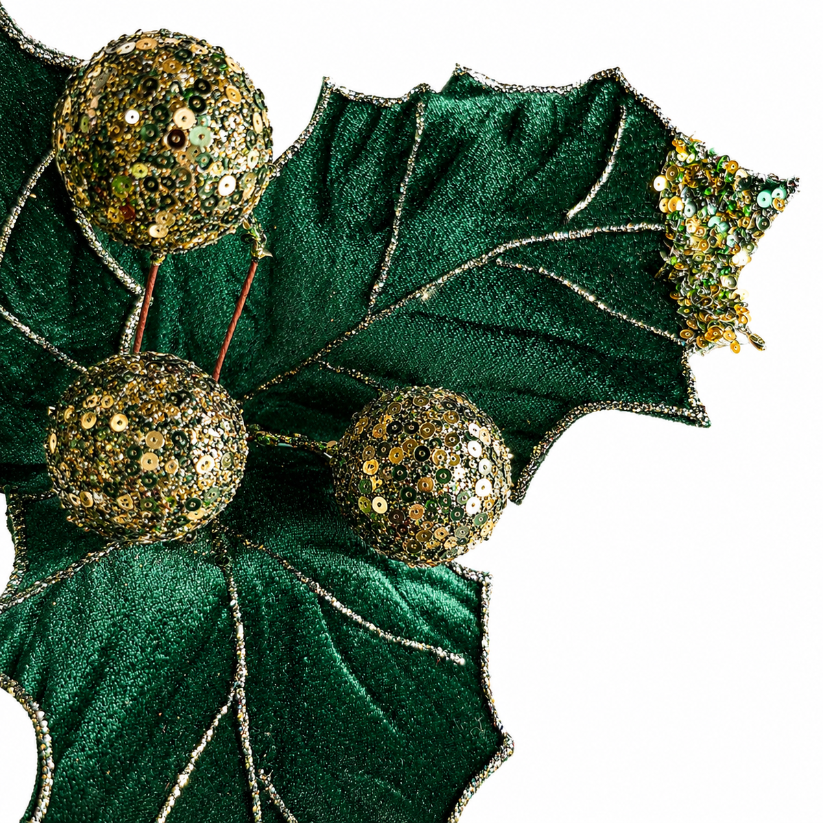 12.5" Diameter Emerald Velvet Holly Leaf Spray with emerald and gold beads