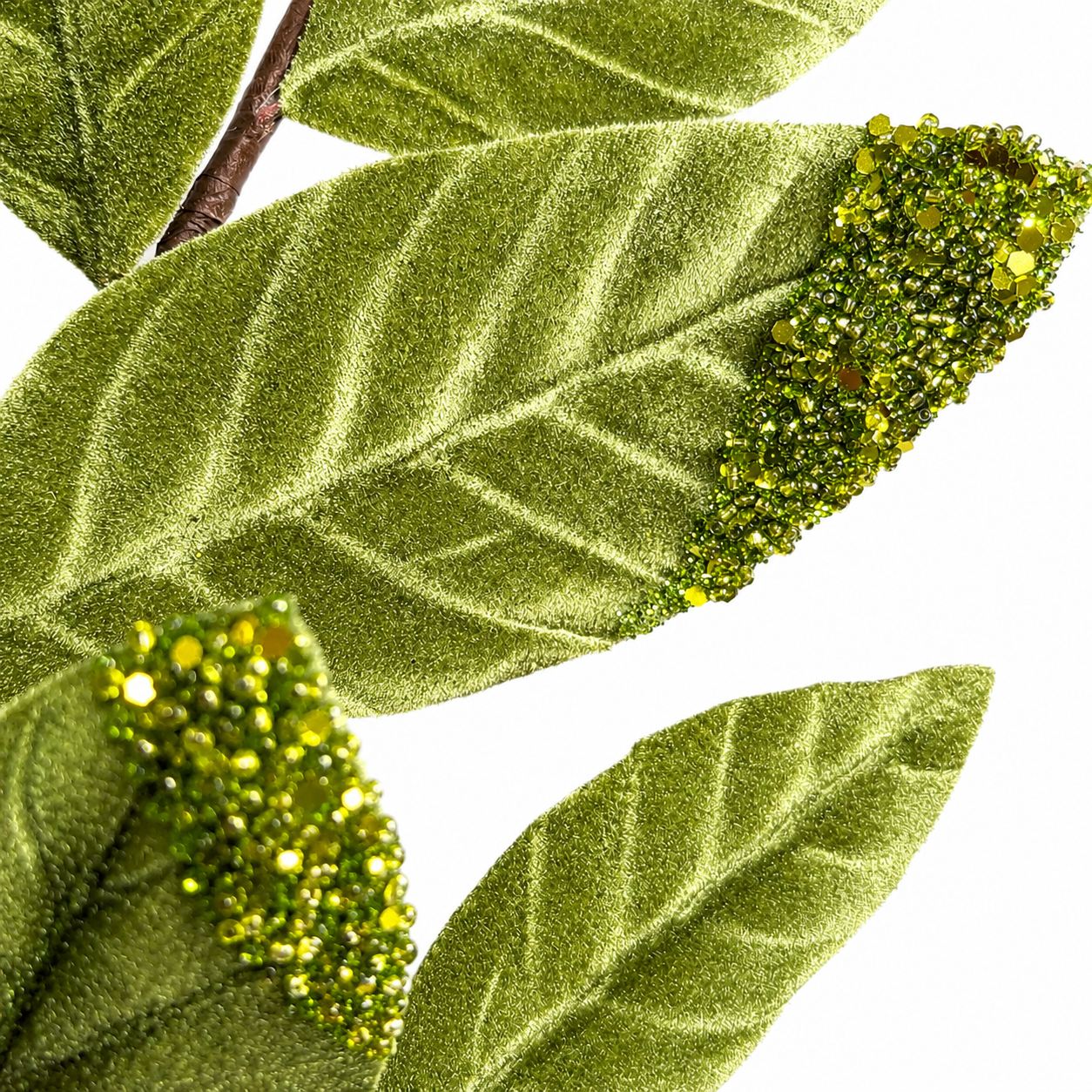 25.5" Light Green Velvet Leaf Spray with Beads
