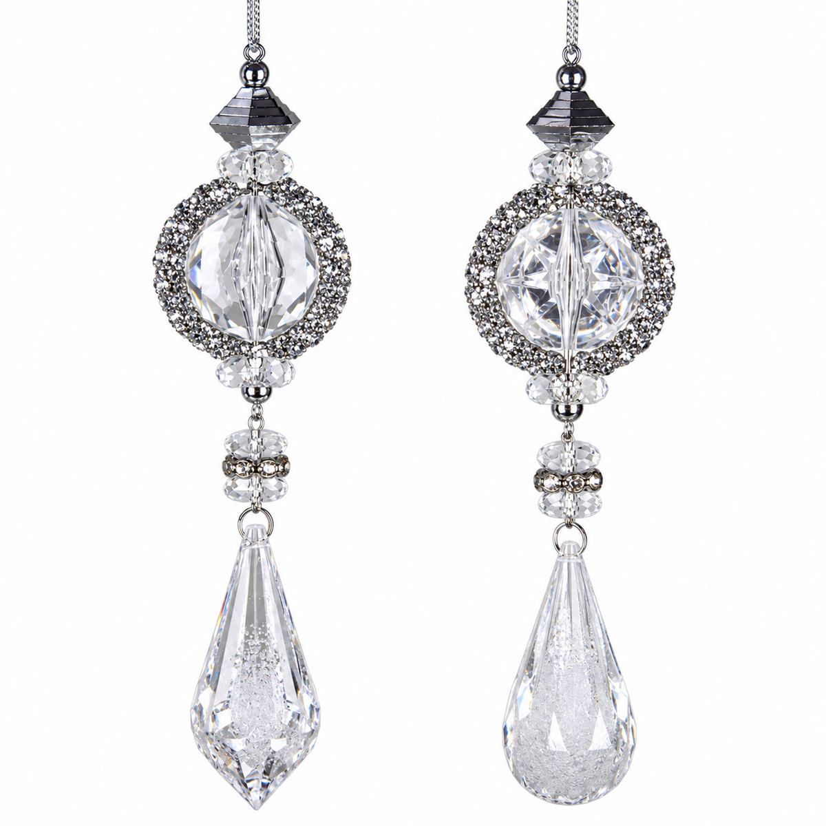 6.5IN Crystal Jewel Drop Ornament 2 Assorted, Platinum Clear