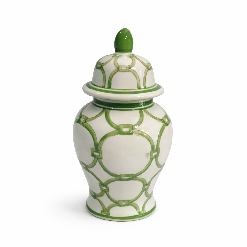 10" Green and White Pattern Ginger Jar