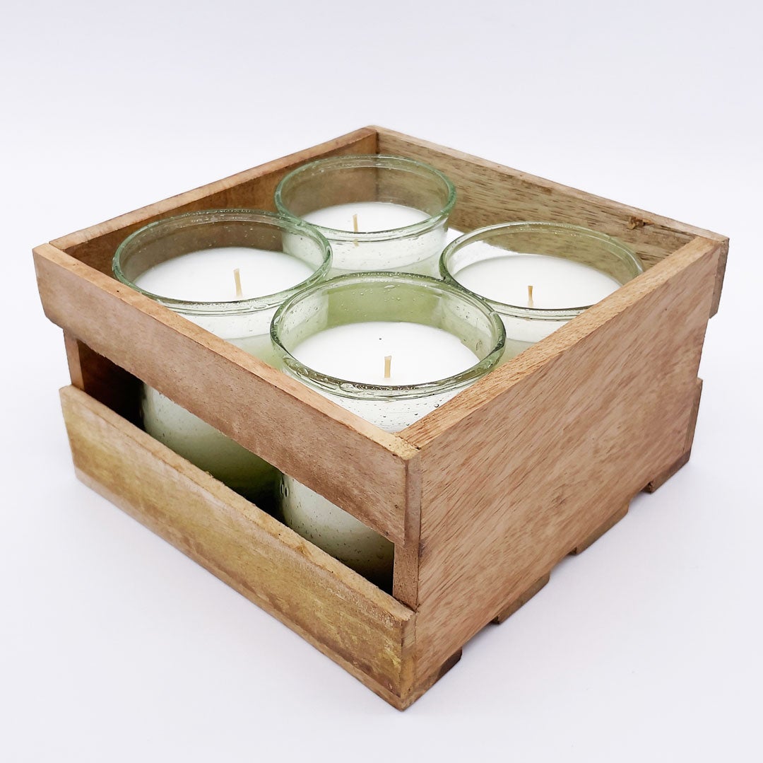 SET OF 4 VOTIVES WITH WOODEN CRATE-CITRONELLA PINEAPPLE