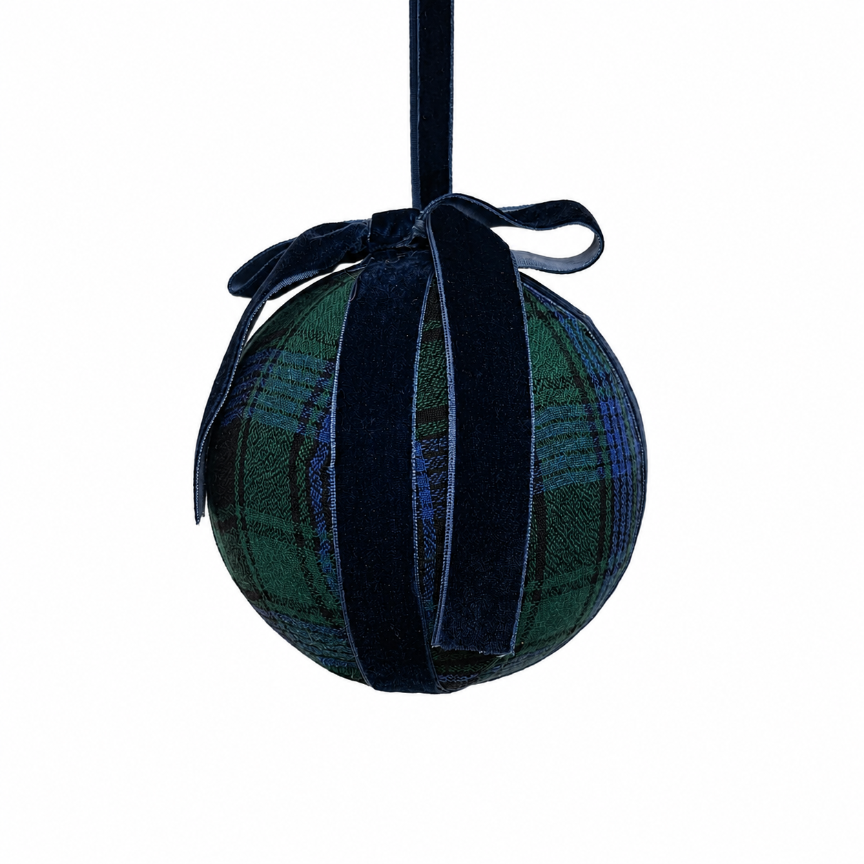 4.75" Blue/Green Plaid Ball with navy velvet bow