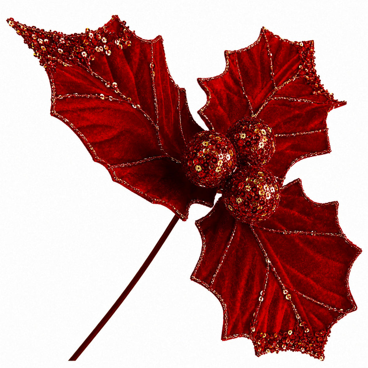12.5" Diameter Red Velvet Holly Leaf Spray with red and gold beads