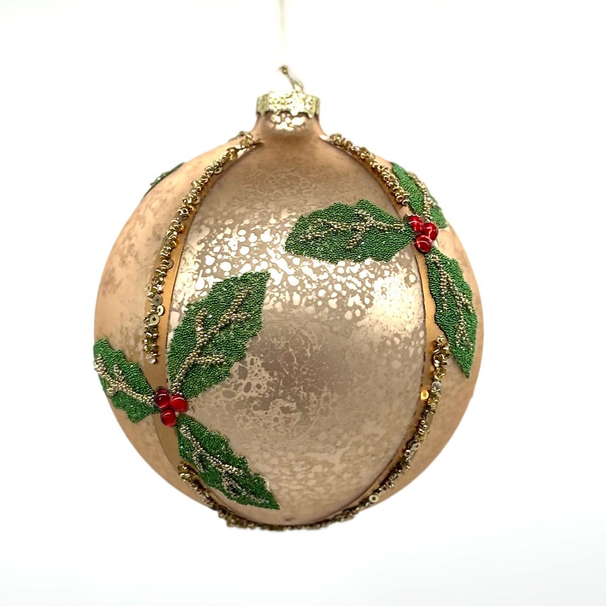 4.5" GOLD/GREEN HOLLY GLASS BALL ORN