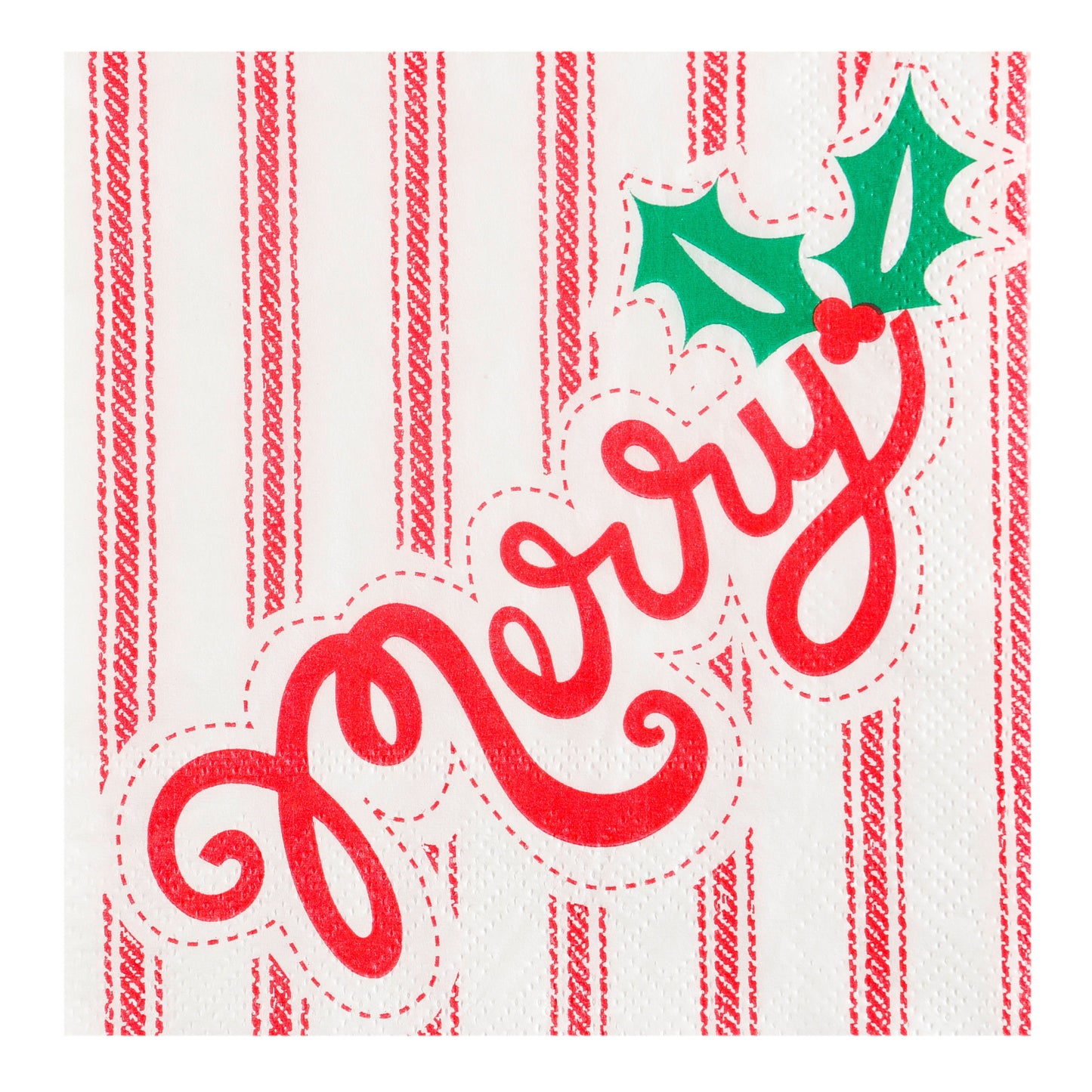 Merry On Red Ticking Beverage Napkin..20 Pieces Per Pkg