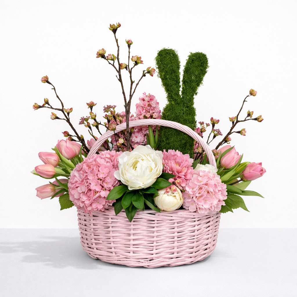 17" X 20" X 21"H PINK AND WHITE SPRING BASKET WITH MOSS RABBIT