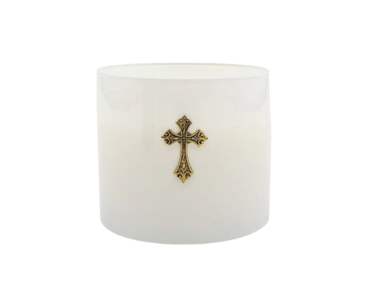 15OZ VANILLA BEAN 2 WICK CANDLE-WHITE GLASS WITH GOLD CROSS