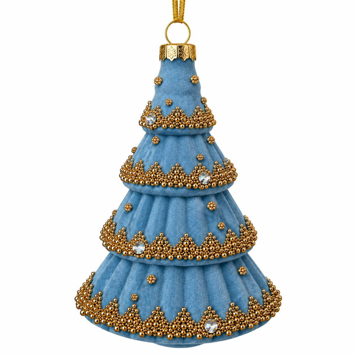 5.5" Glass Christmas Tree Ornament  Blue with Gold Beads