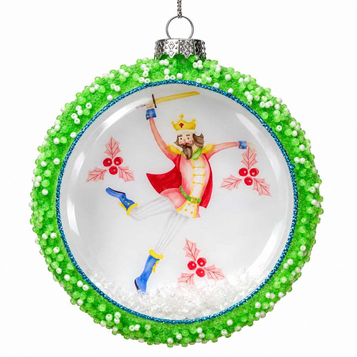 5" Glass Nutcracker Disc Ornament Green King