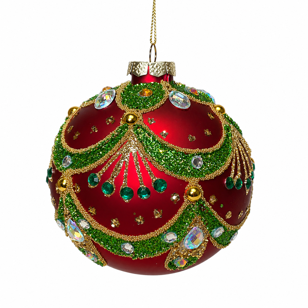 4" Red Glass Ball Ornament with Green Scalloped Bead Design