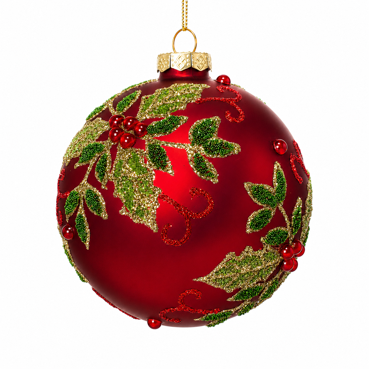 4" Red Glass Ball with Holly Bead Design