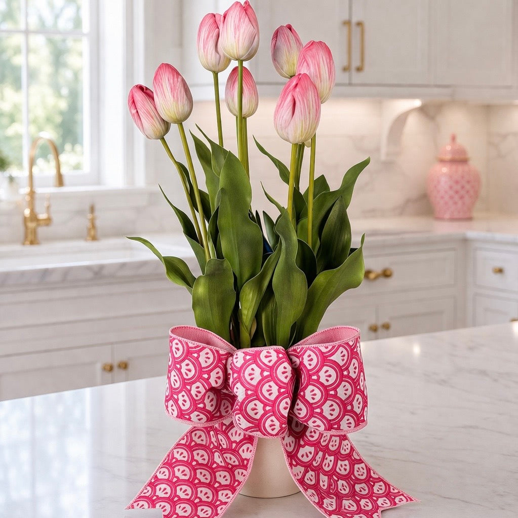 27"TULIP IN AGED CLAY POT WITH PINK AND WHITE BOW