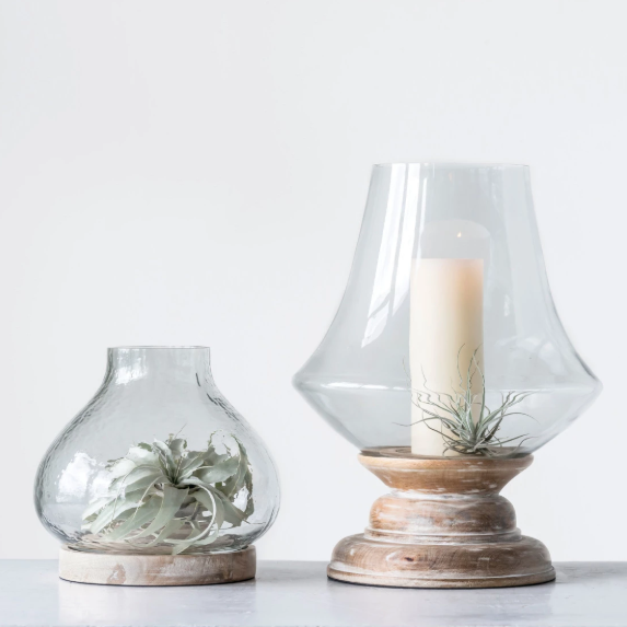 Hand-Blown Glass and Wood Hurricane, LARGE ONLY