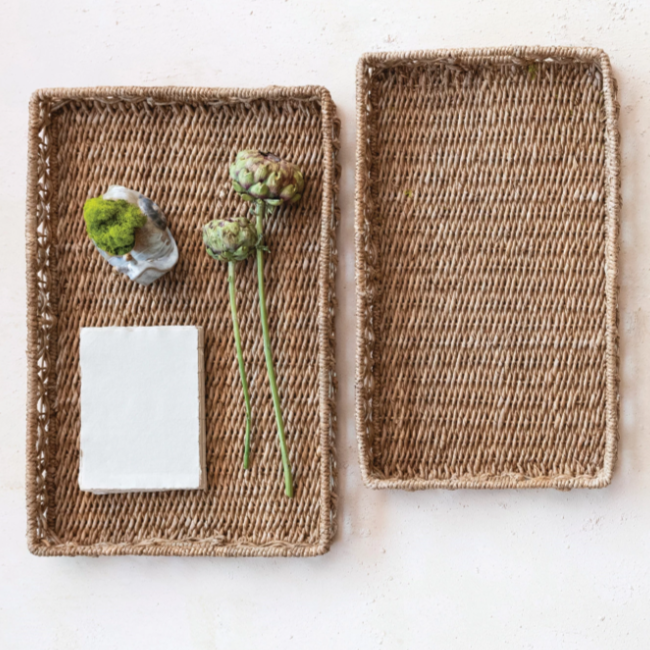 Decorative Hand-Woven Water Hyacinth & Rattan Trays w/ Handles, SMALL ONLY