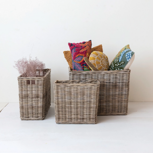 Woven Wicker Rattan Baskets w/ Handles, MEDIUM ONLY