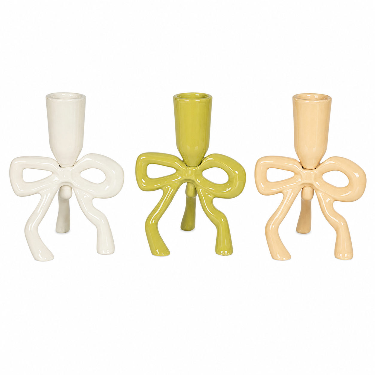Enameled Cast Aluminum Taper Holder w Bow Shaped Base, CREAM ONLY