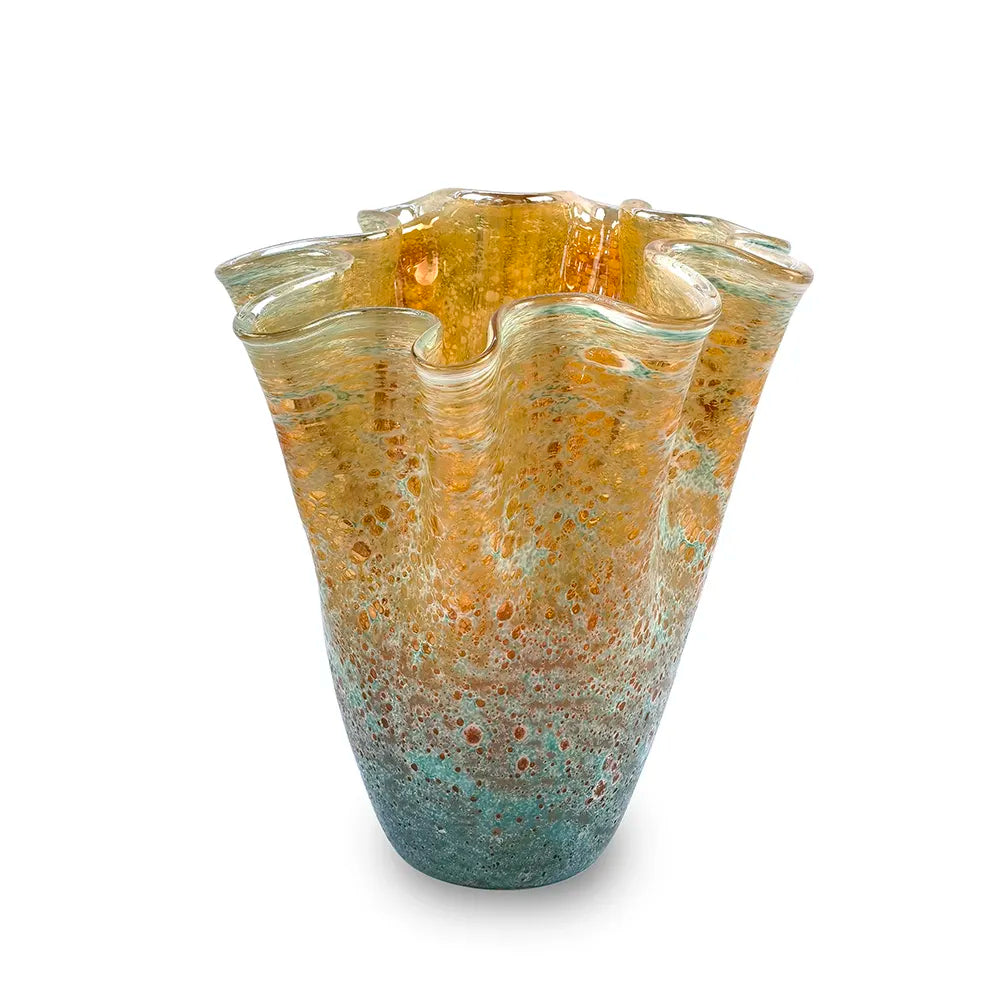 D10''H11.5''GLASS VASE-BLUE/AMBER