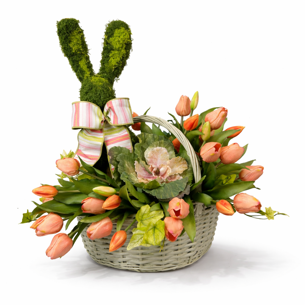 BUNNY IN TULIPS BASKET-ORANGE/GREEN FLORAL DESIGN