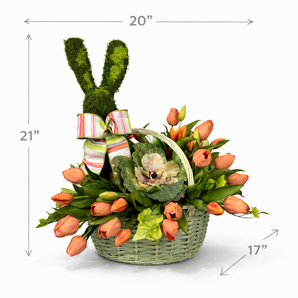 BUNNY IN TULIPS BASKET-ORANGE/GREEN FLORAL DESIGN