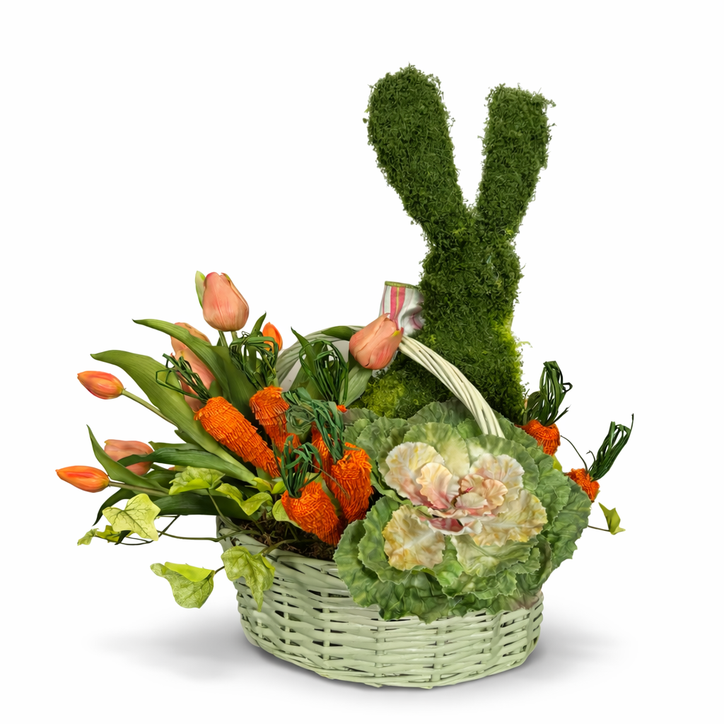 BUNNY IN TULIPS BASKET-ORANGE/GREEN FLORAL DESIGN