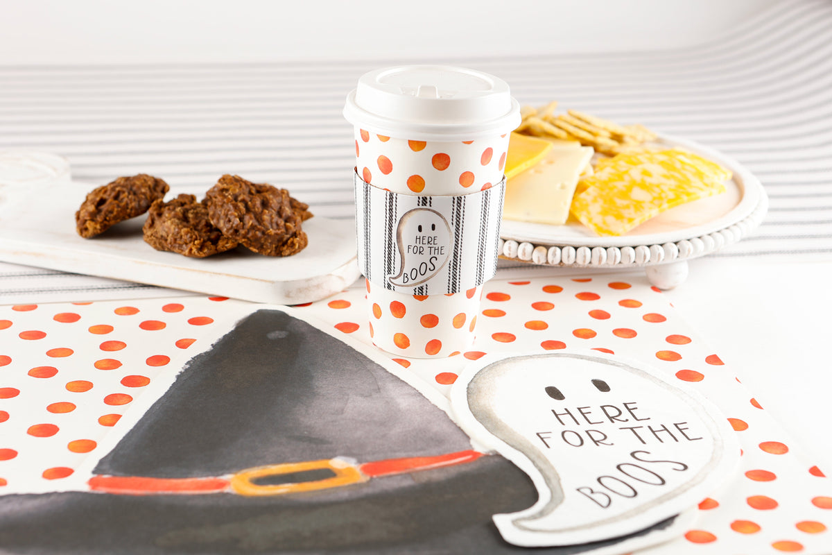 Set Of 8 Cups - Black Ticking With Orange Witch Hat Sleeve Hot/Cold Cups With Lids