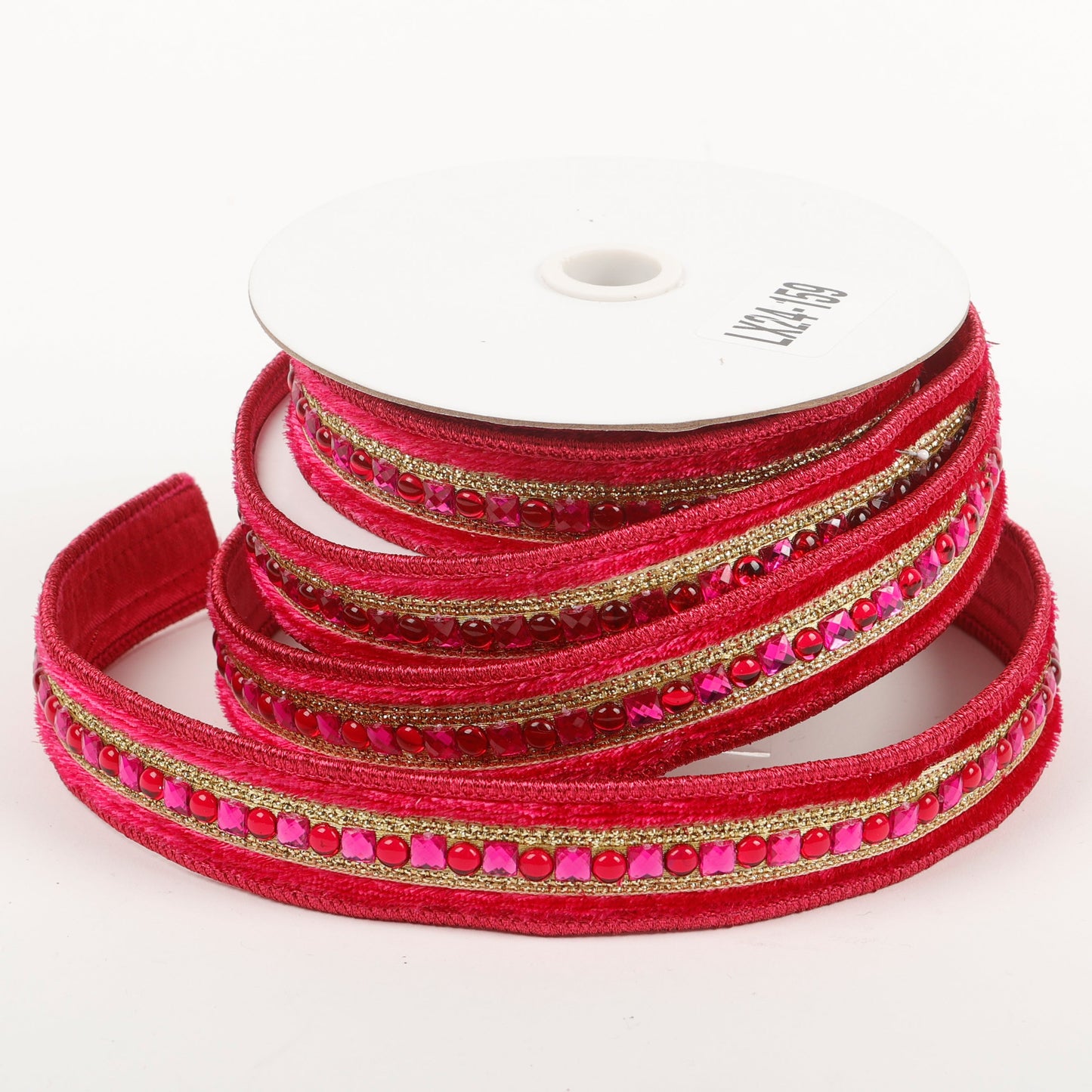1" X 5 YDS RED VELVET PINK/RED JEWELED DUPION BACKED RIBBON