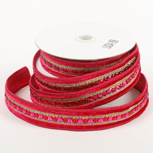 1" X 5 YDS RED VELVET PINK/RED JEWELED DUPION BACKED RIBBON