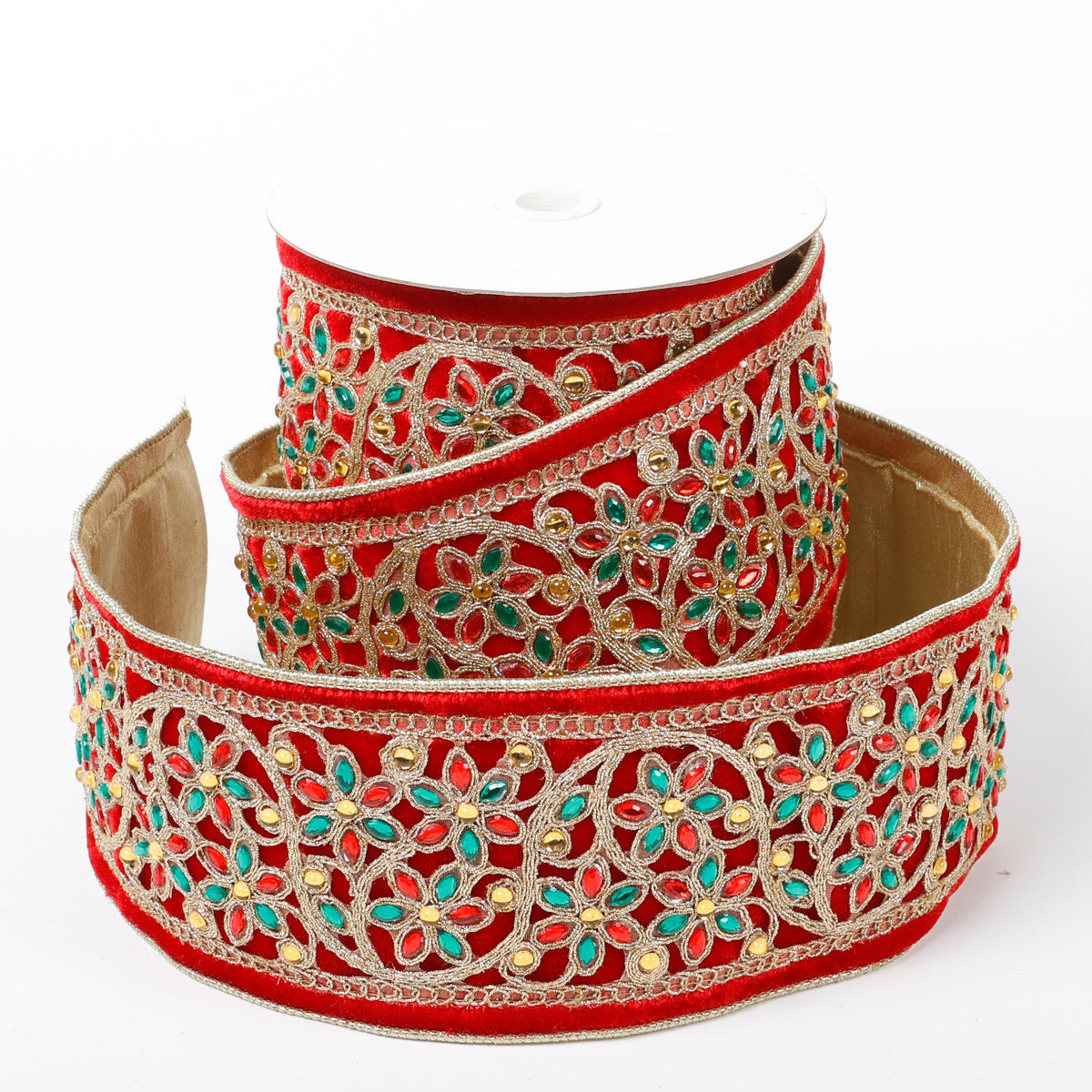 4" X 5 YDS RED VEL W/ RD/GRN BEADING AND GOLD EMB DUP BACK RIBBON