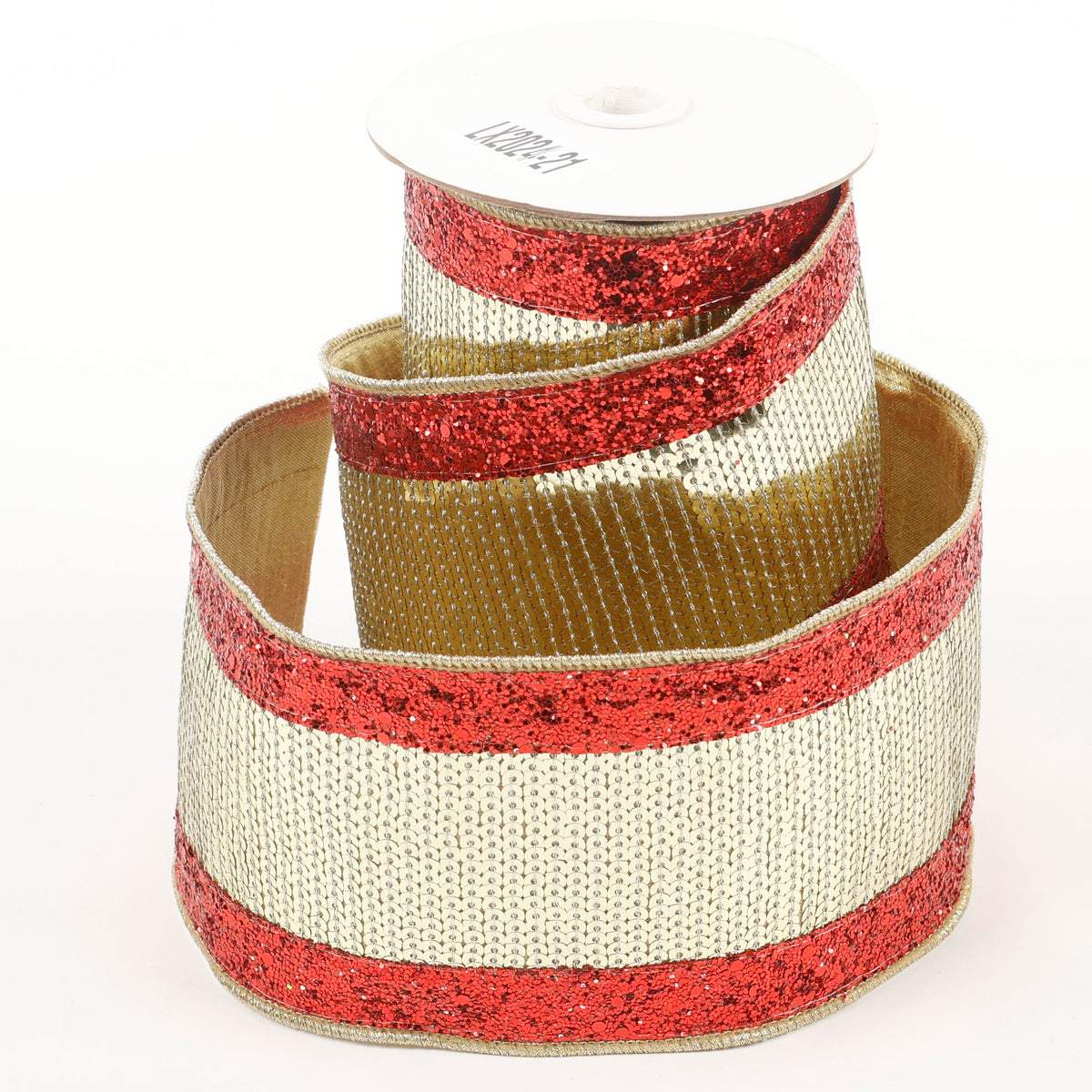 4" x 5 YDS GOLD SEQUINS WITH RED GLITTER EDGING DUPION BACKED RIBBON