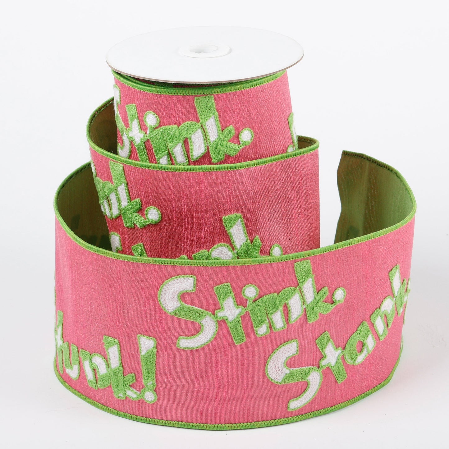4" X 5 YDS PINK/GREEN STINK STANK STUNK DUPION BACKED RIBBON