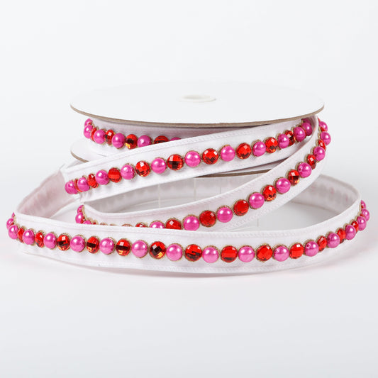 1" X 5 YDS WHITE AND PINK PEARL BEADED DUPION BACKED RIBBON