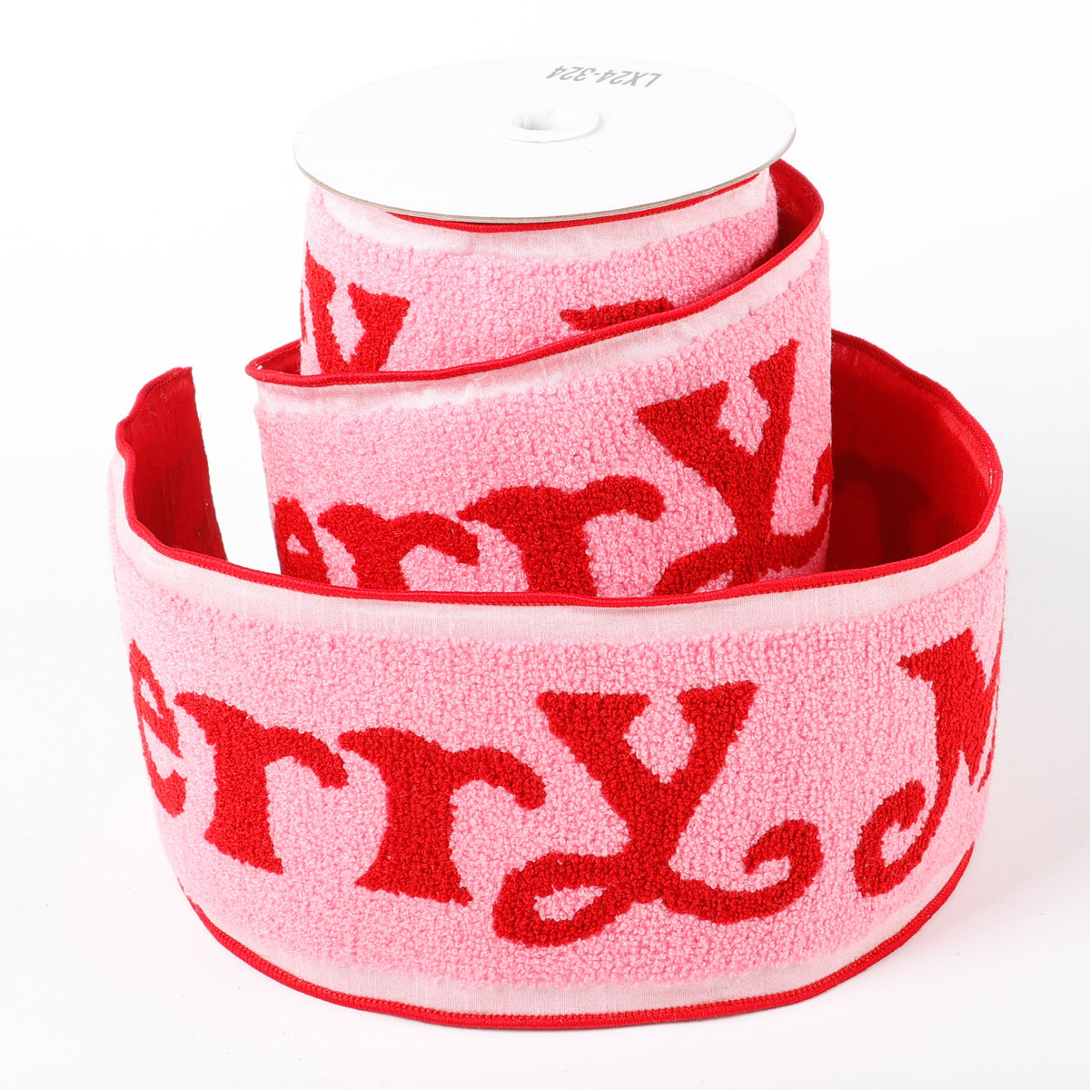 4" X 5 YDS PINK/RED MERRY EMBROIDERED DUPION BACKED RIBBON