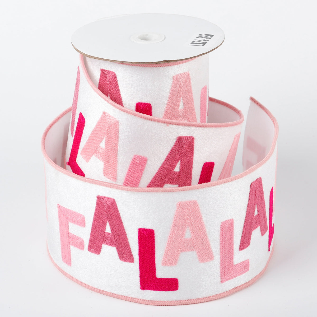 4" X 5 YDS WHT/PK FA LA LA EMB DUP BACK RIBBON