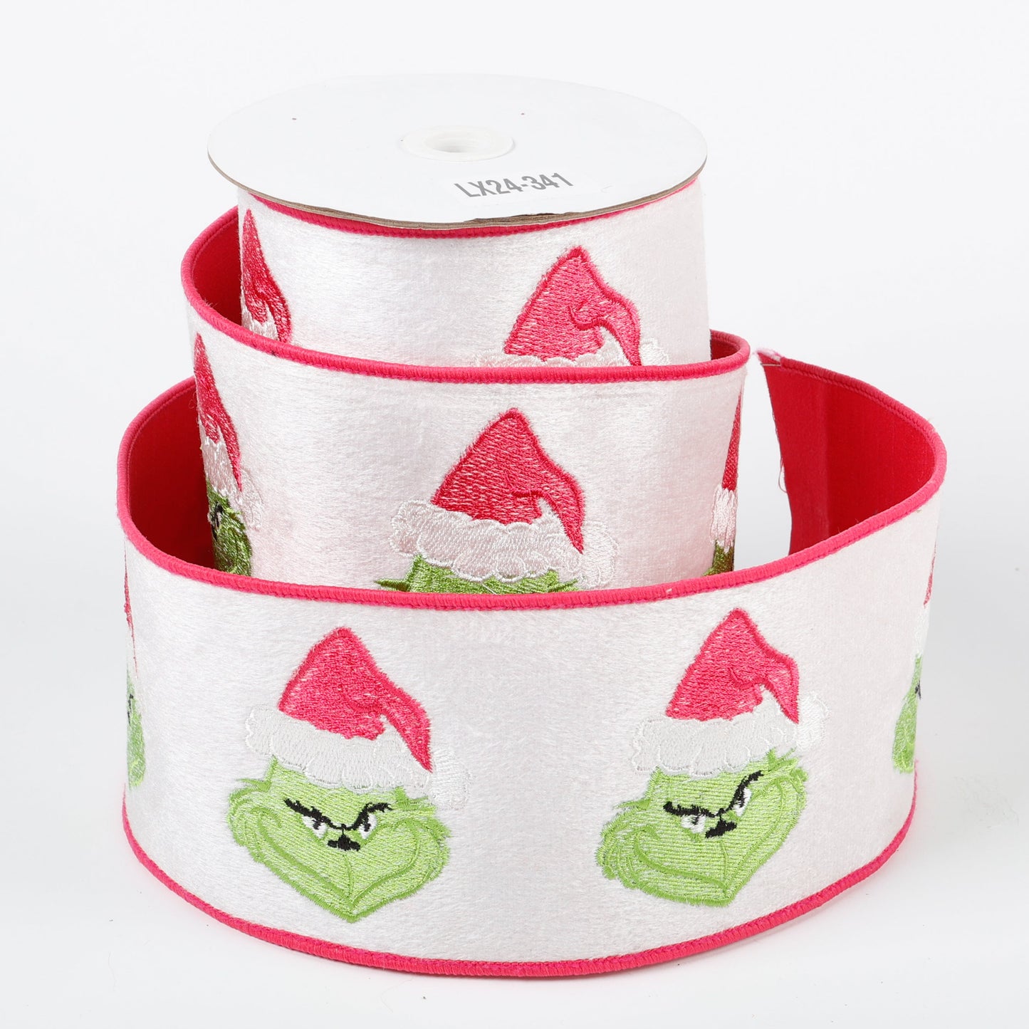 4" X 5 YDS WHITE VELVET GREEN MONSTER WITH PINK DUPION BACKED RIBBON