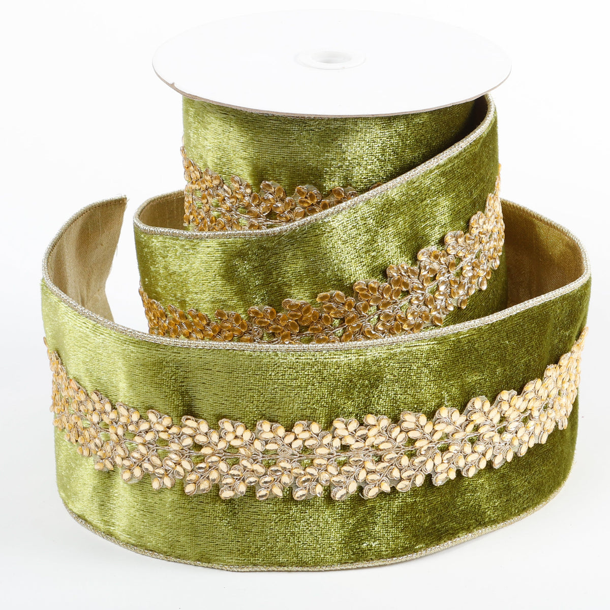 4" X 5 YDS SAGE GREEN VEL W/ BEADED EMB DUP BACKED RIBBON